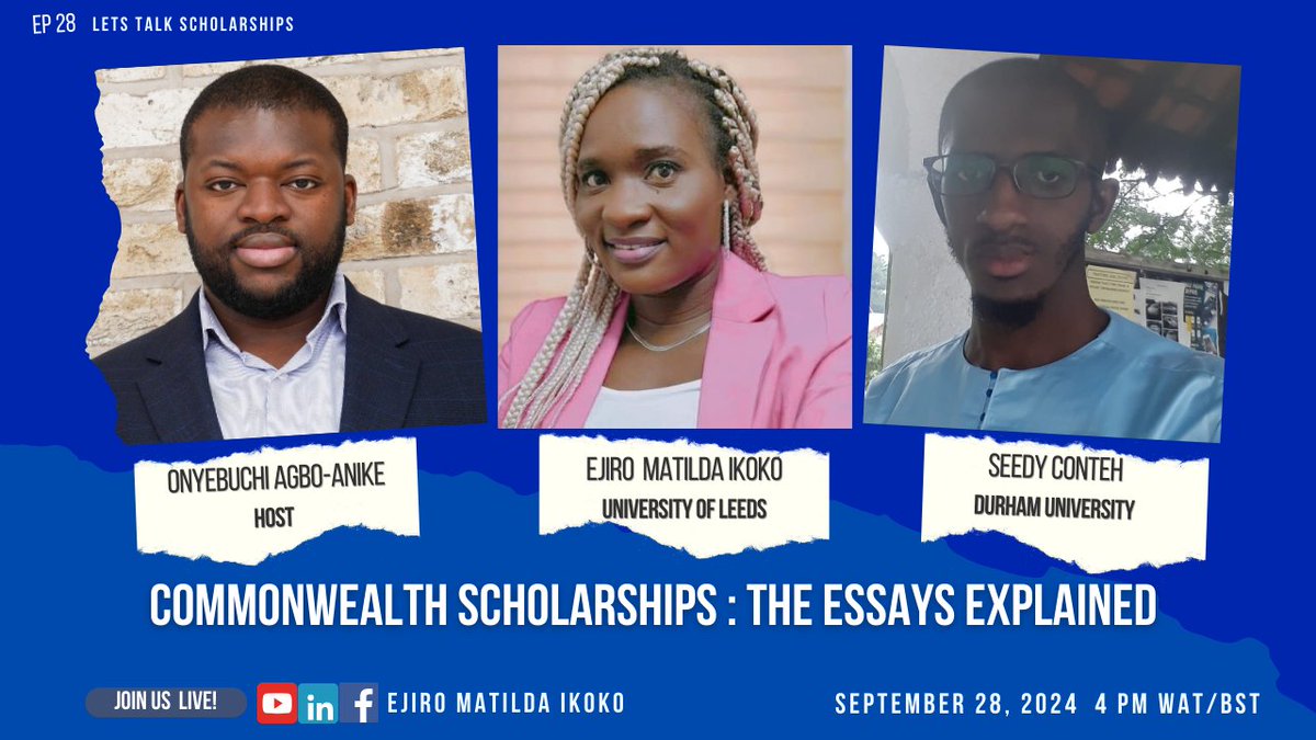 Q_Ejiro's tweet photo. Masters and PhD Commonwealth Scholarship Essays Explained
Join Us Saturday, 28 September, 2024
4:00 PM WAT/BST
https://t.co/NlLU9VscIK https://t.co/ellcij8FCk