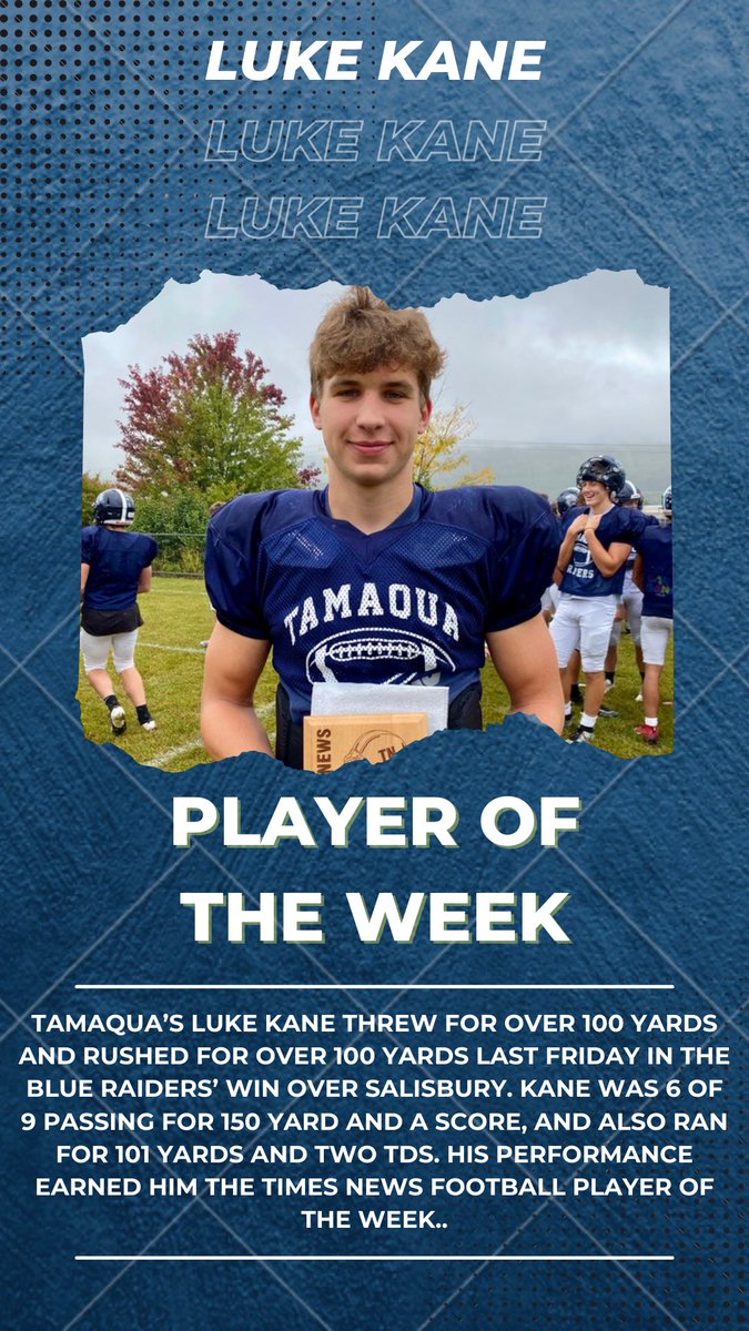 Congratulations to <a href="/TASDAthletics1/">TASD Athletics</a> <a href="/lukekane71214/">Luke Kane</a> , the Times News Football Player of the Week! 🏈🏈