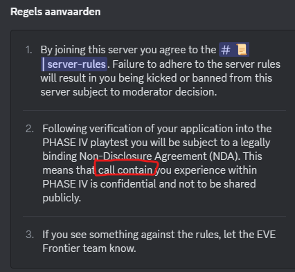WimVO's tweet photo. @HilmarVeigar @EVE_Frontier Your discord rules have a rather unusual statement embedded within them. I wonder if that was perhaps meant to say 'all content' ? And some spellchecker had some fun with it ? https://t.co/0xT2sONuZv