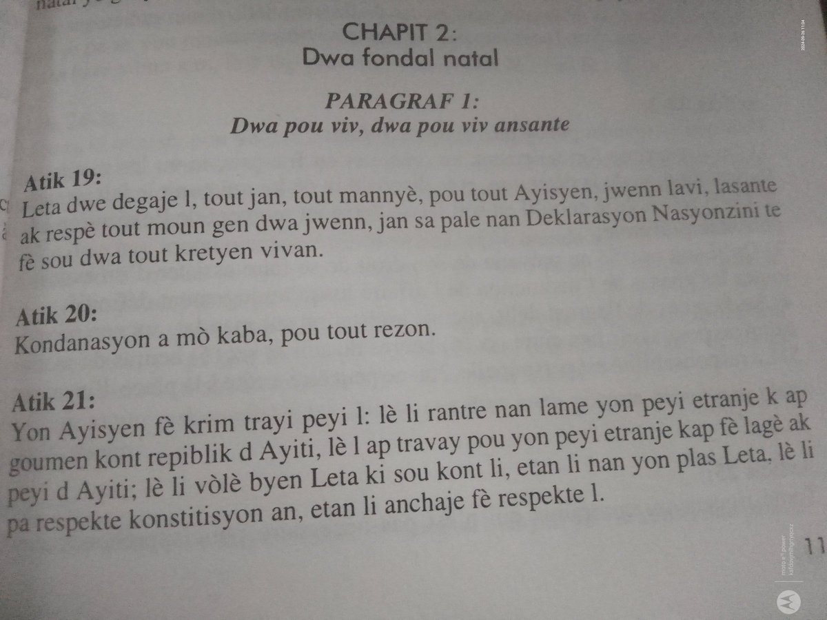 davidsonveus's tweet photo. Chapit 2 Paragraf 1: atik 20 nan konstitisyon peyi a dit klè : pa gen pénn de mò nan peyi a.
Nan atik: 21 an menm li di lè yon Moun pa respekte konstitisyon an  se yon krim anplis lè se li ki la pou fé respektel.
@Davidsonveus
@Prezidan jenès la https://t.co/uAMhTvIVoa