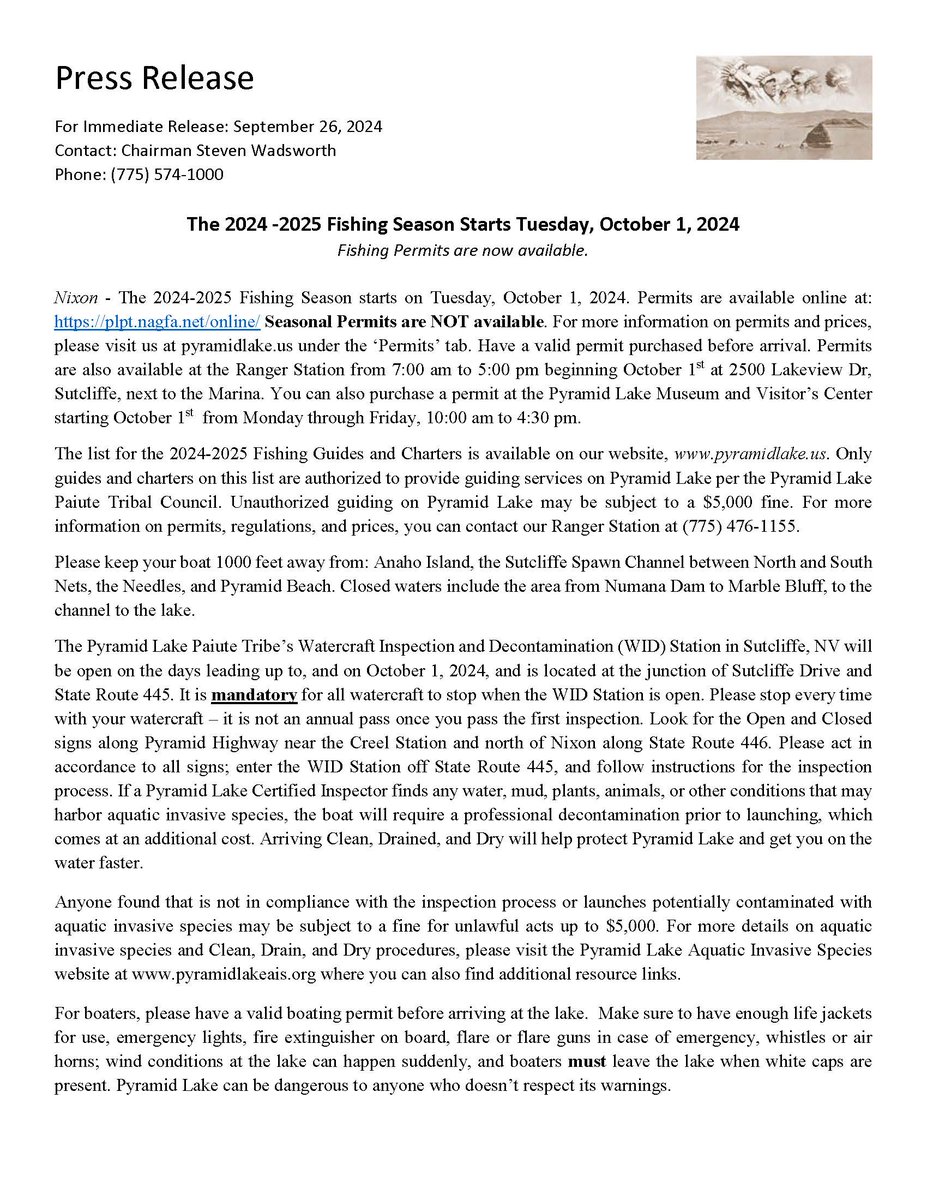 plpt's tweet image. Press Release for our upcoming Fishing Season here at Pyramid Lake. 

For questions, please contact Chairman Steven Wadsworth at (775) 574-1000.