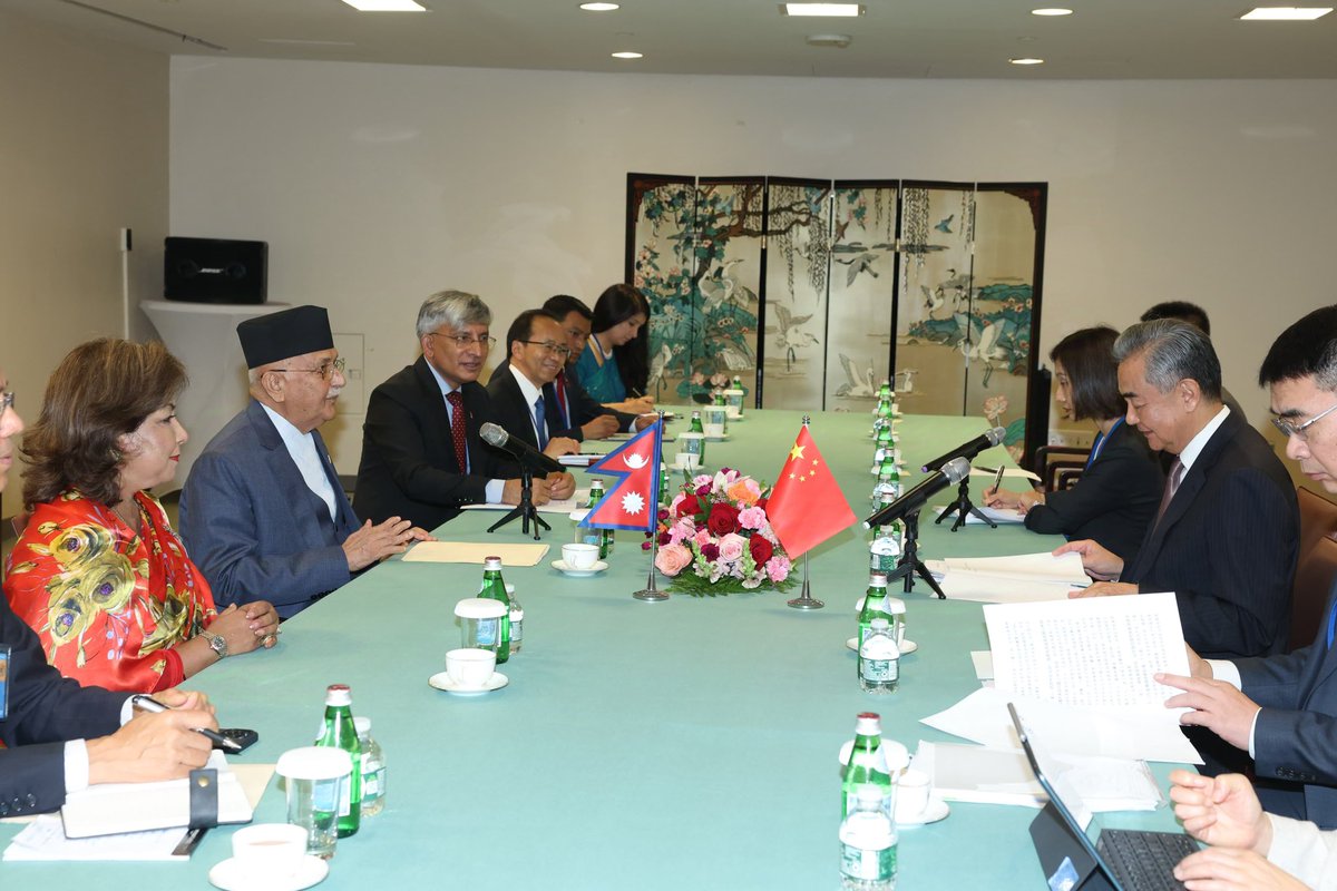 Had a productive meeting with Foreign Minister of the People’s Republic of China H.E. Mr. Wang Yi today #UNGA79

Discussed Nepal-China bilateral relations and reaffirmed our strong, time-tested friendship, grounded in the Five Principles of Peaceful Coexistence. 
🇳🇵🤝 🇨🇳