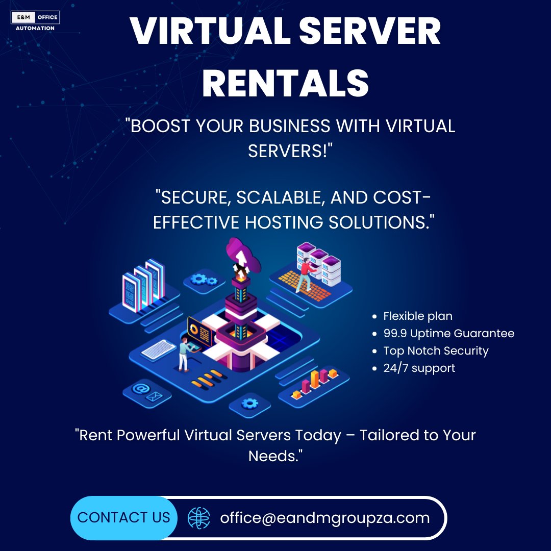 eandmgroupza's tweet image. 🚀 Boost your business with our reliable virtual server rentals! Secure, scalable, and cost-effective solutions with 99.9% uptime and 24/7 support. 💼🔐

📧 Contact us at office@eandmgroupza.com to get started today! #VirtualServers