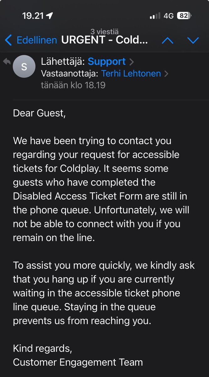 madishcow's tweet photo. It seems like the accessibility team is not able to make international calls. They have claimed twice already by email and that my phone is busy although I haven't been on phone at all. I have submitted the query form and now I am afraid that this is going to end up like Oasis...@wembleystadium @coldplay