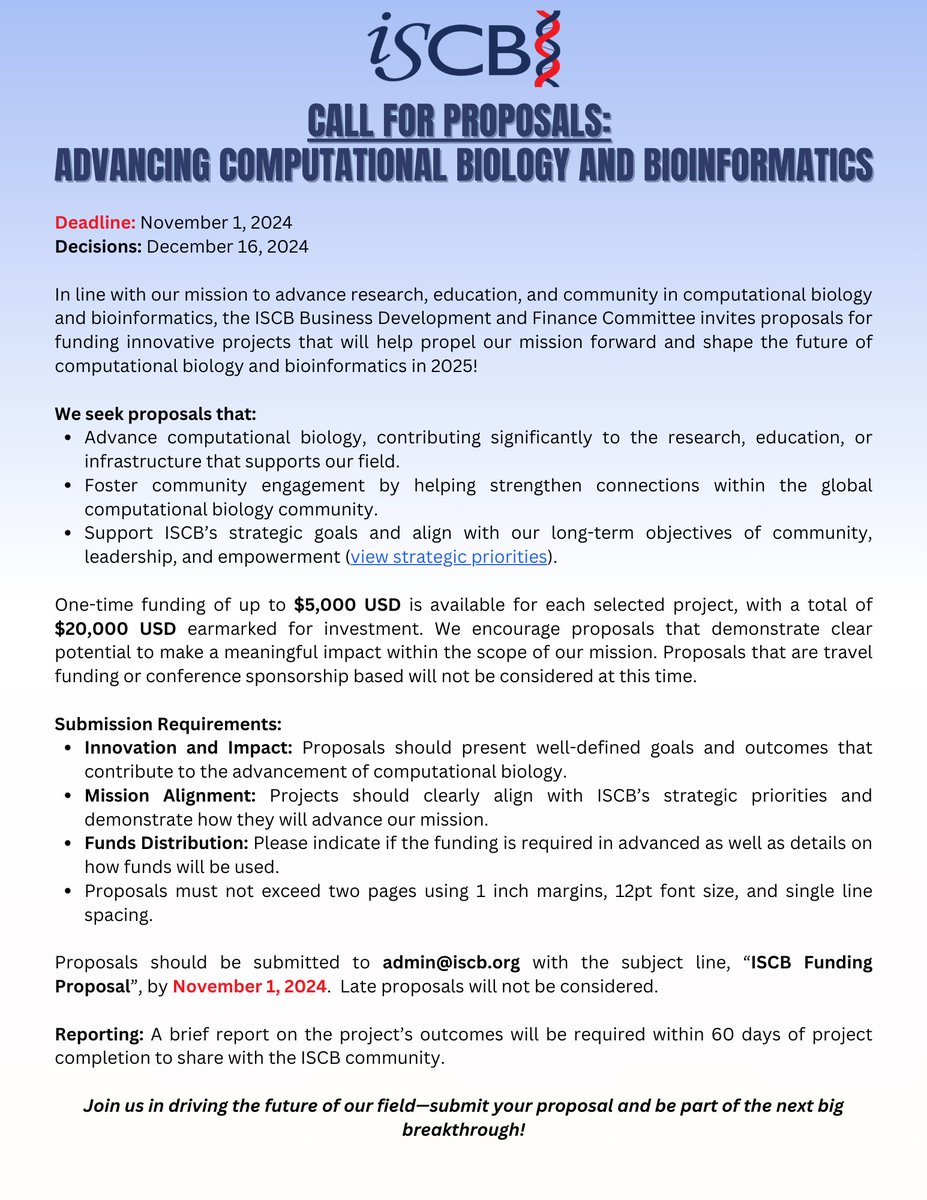 🚨 Funding Alert! 🚨 ISCB is offering up to $5,000 for innovative computational biology projects. 

Submit your proposal by Nov 1 to make a real impact in 2025! 

#ResearchFunding #Bioinformatics #ComputationalBiology