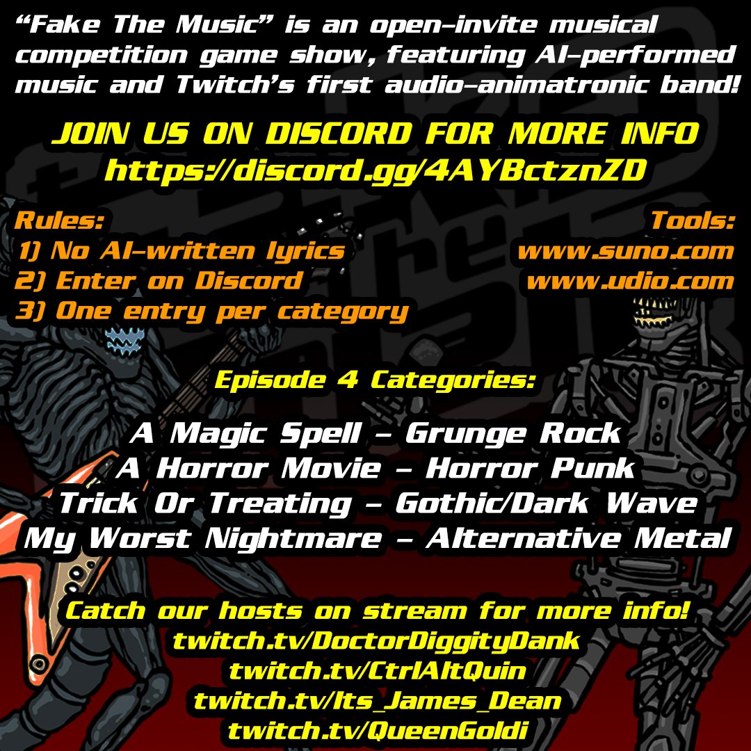 Fake The Music: Episode 5
October 8, 2024
4:00pm Pacific/7:00pm Eastern
twitch.tv/DoctorDiggityD…

Featuring:
<a href="/Its_James_Dean/">James Dean</a> 
<a href="/ctrlaltquin/">CtrlAltQuin 🔜</a> 
<a href="/TheQueenGoldi/">🌟 GOLDI 🌟</a> 
and yours truly!

Entry is open and easy! 
discord.gg/8JxyCgKzYb
Check in with us on Discord and we can show you how!