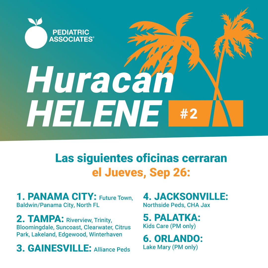 For the safety of our patients &amp; staff, the following offices will be closed until further notice. Please check our website or call for updates. Telemedicine is available at KidzDocNow.us or Call 855-KIDZ-DOC. For emergencies dial 911.‼️ 🌀 ⛈️

Stay safe, everyone!