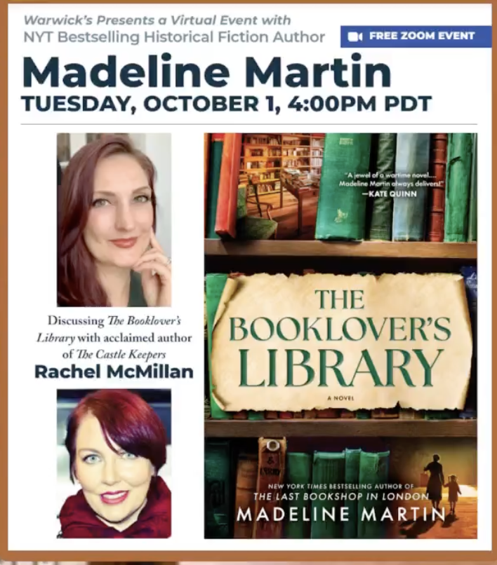 rachkmc's tweet photo. my friend @MadelineMMartin and I will be chatting and you can listen in next week for @warwicksbooks https://t.co/hwGpj3OSGa