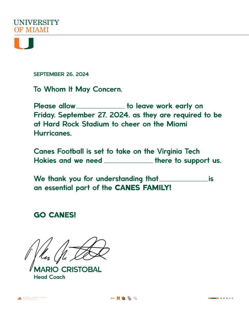 Need a work excuse so you can get to <a href="/HardRockStadium/">Hard Rock Stadium</a> early? We got you. 

🎟️: canes.news/VTTixFB

#GoCanes