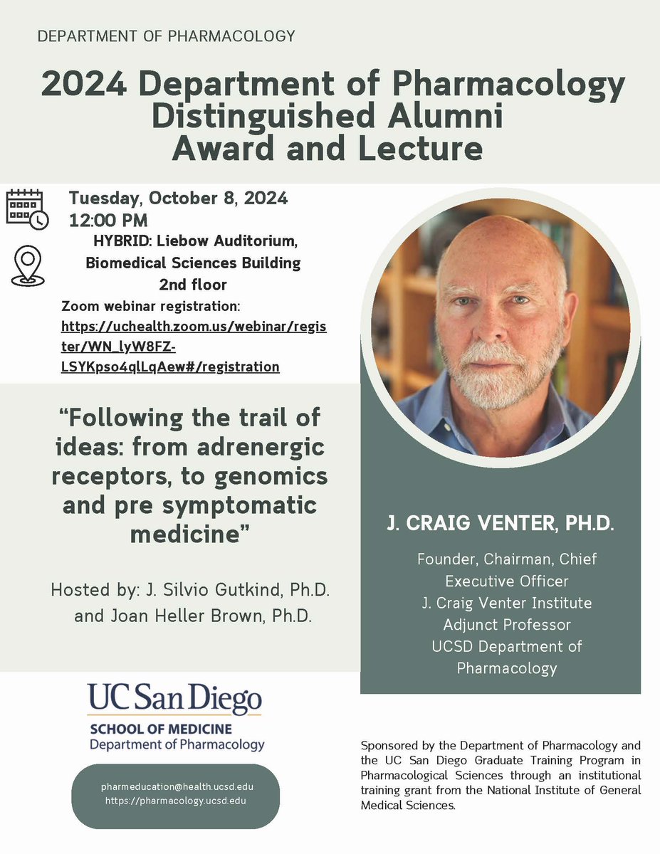 Please join us for our 2024 Department of Pharmacology Distinguished Alumni Award and Lecture
J. Craig Venter, Ph.D.
Date: October 8th, 2024 at 12:00 noon (PST)
Location: Biomedical Sciences Building, Liebow Auditorium, 2nd floor