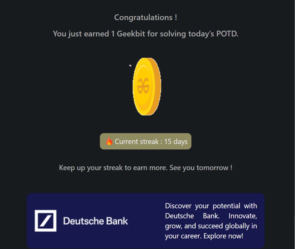 Pprratikk's tweet image. Day 15 of 21 days coding challenge
@geeksforgeeks
@DeutscheBank
#21DaysOfCoding #CodingChallengeg #LearnToCode #GeekForGeeks #ING #DeutscheBank #geekstreak2024