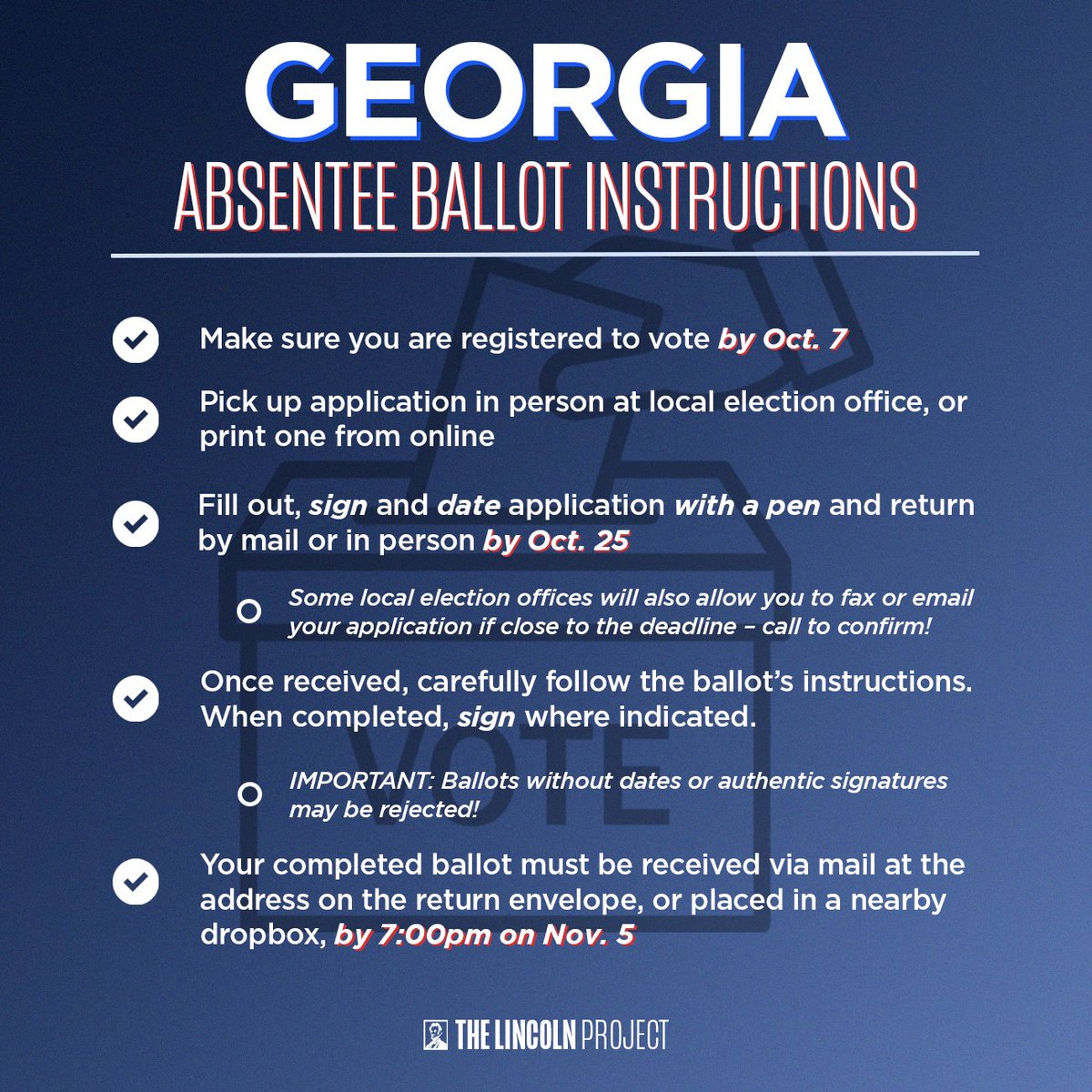 ProjectLincoln's tweet photo. 🍑GEORGIA: You shocked the nation in 2020 by flipping your state blue. In response, MAGA is working overtime to suppress Georgia voters. So having a specific plan for casting your vote is urgent as ever. Absentee voting is an easy, convenient way to vote, so here are your step-by-step instructions for voting with absentee ballots. Pass it on to friends and family so you can all be prepared to cast your votes on time! 

To find more details on absentee voting in your state, visit https://t.co/Hhl1cedx2M.