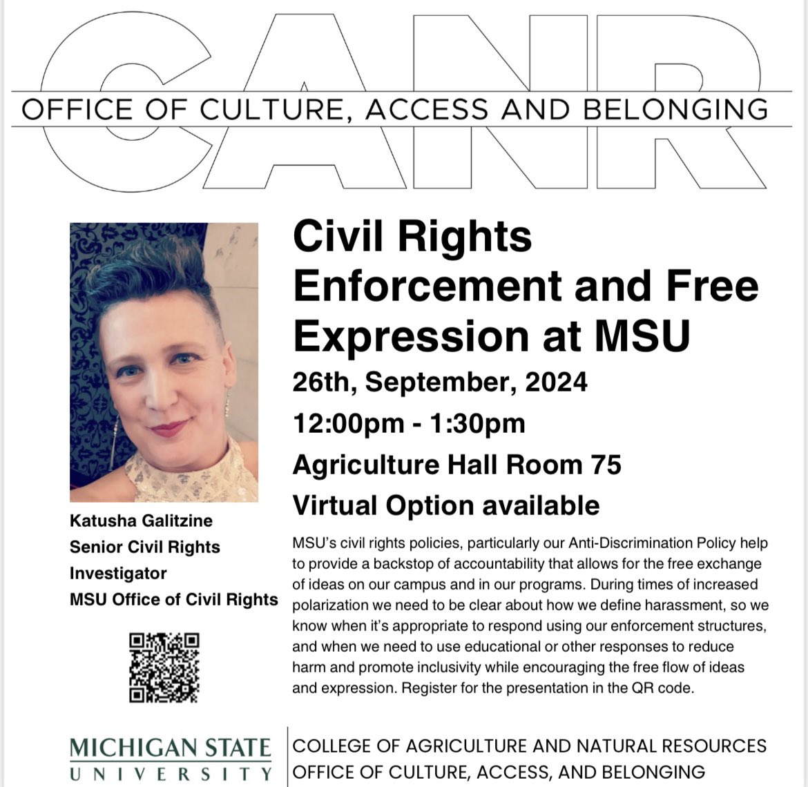 Reminder: The CANR Office of Culture, Access and Belonging cordially invites the CANR Community to attend the Civil Rights Enforcement Seminar with Katusha Galitzine
  <a href="/canratmsu/">MSU CANR</a>  #civilrights #msu #inclusion #diversity #michiganstate #spartans #gogreen #gowhite