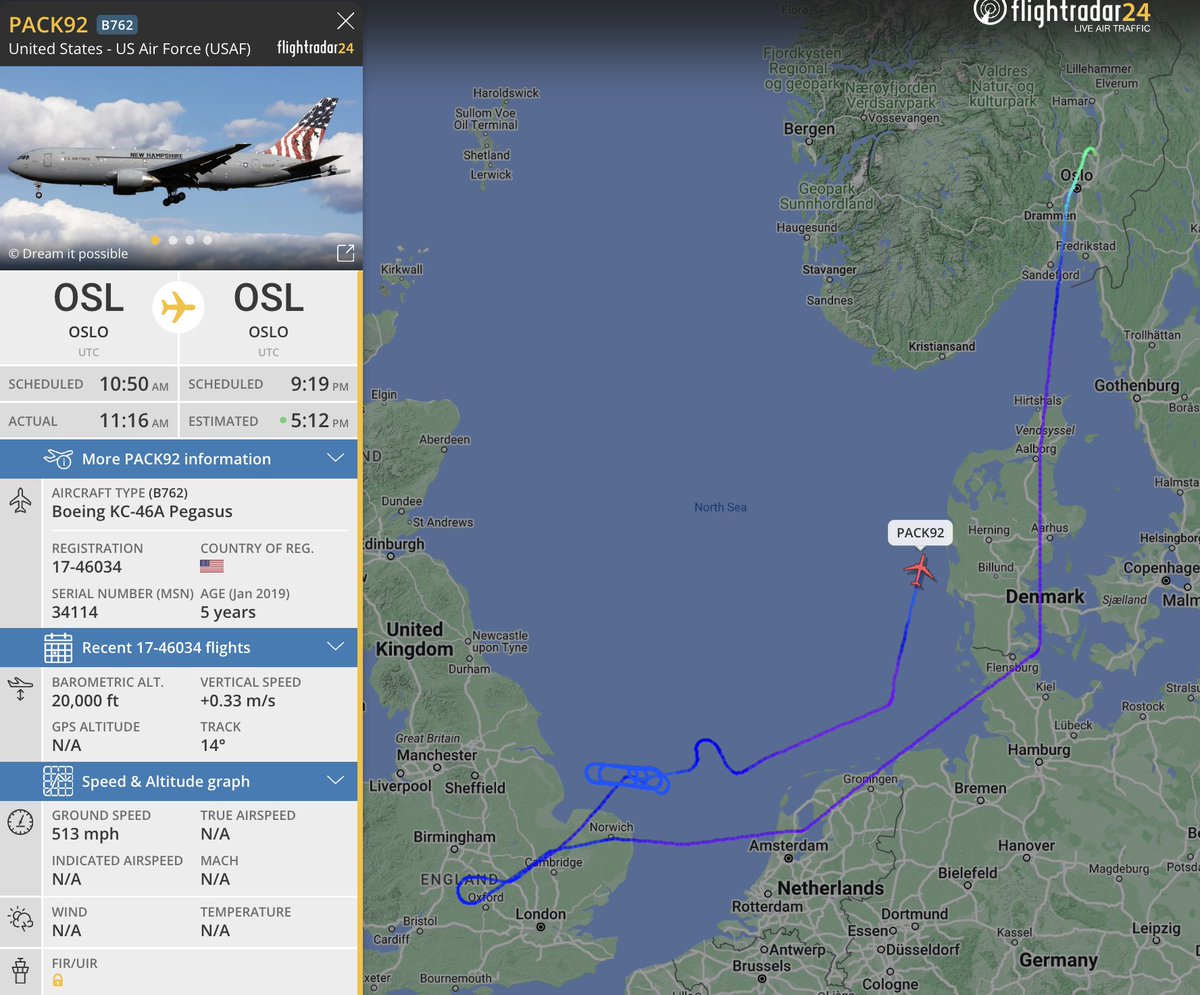 alternativewip's tweet photo. #USAF KC-46A seen on the flight radar having departed from oslo gardermoen airport norway, flight then seen circling over the north sea and over the uk, flight currently looks to be returning to oslo. #PACK92 #AE5E0F https://t.co/GqFgBrsCvL