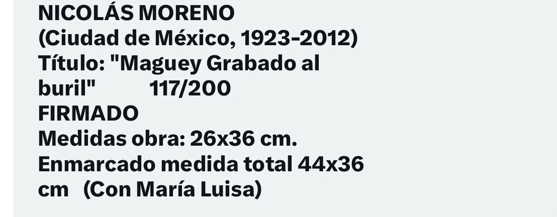 Iniciamos hoy con La presentación de ésta Rifa agradeciendo al donador de esta bella obra plástica de Nicolás Moreno (Ciudad de México 1923-2012)
Título: Maguey Grabado al buril 117/200 FIRMADO Medidas de la obra 26*36 cm Enmarcado con María Luisa Serán 25# $200 c/u Gracias✨Rt