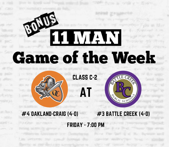A Bonus 11 Man Game of the Week will take place on Friday when Class C-2 No. 4 Oakland-Craig travels to Battle Creek. It will be the first game between the two since Oakland-Craig beat Battle Creek 27-24 in overtime on September 1, 2017. #nebpreps 🏈