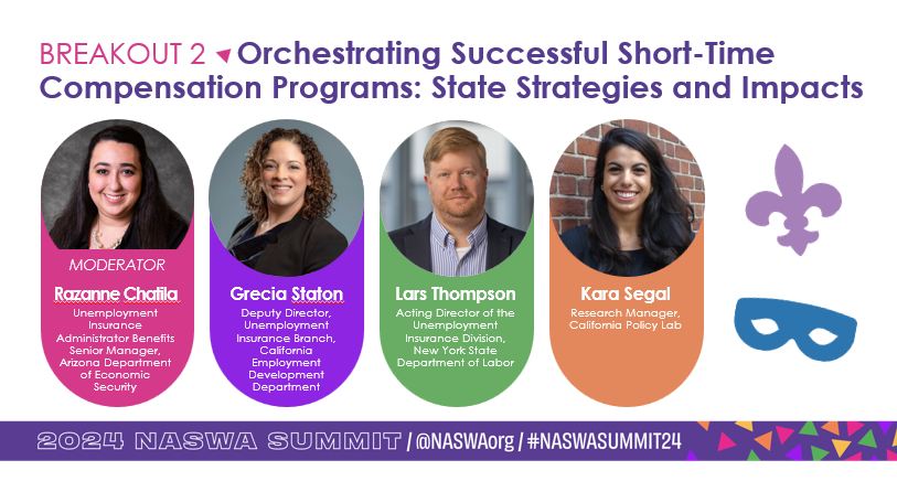NASWAORG's tweet photo. Orchestrating Successful Short-Time Compenstation Programs: State Strategies &amp; Impacts. Razanne Chatila (AZ) moderates a panel of Grecia Staton (CA), Lars Thompson (NY) &amp; Kara Segal (UCLA).

#NASWASUMMIT24 https://t.co/BpGksp6hUN