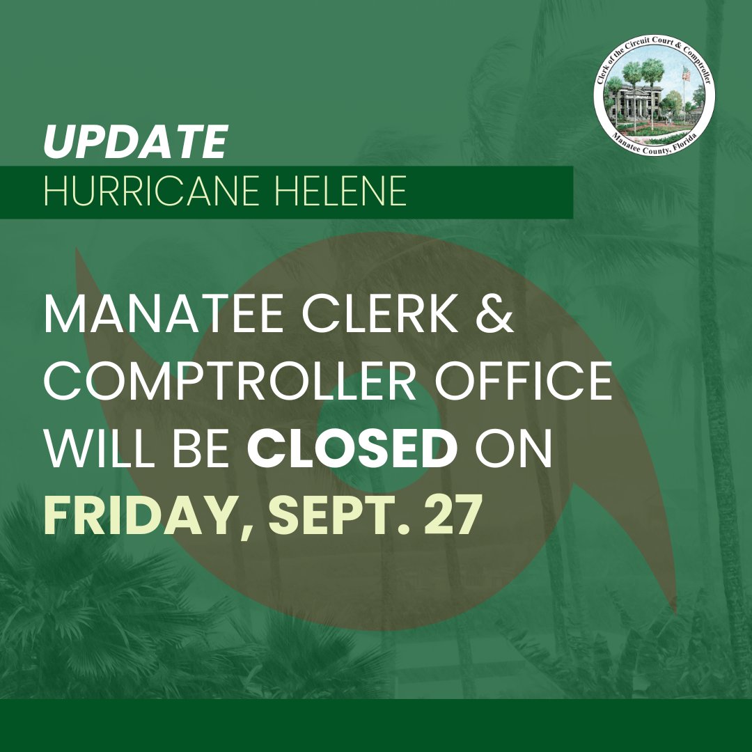 Our office will remain closed through Fri, 9/27. We plan to reopen at 8:30 a.m. on Mon, 9/30, with regular operating hours. Jury duty scheduled for Fri, 9/27, has been canceled. No jurors are required to report. #HurricaneHelene