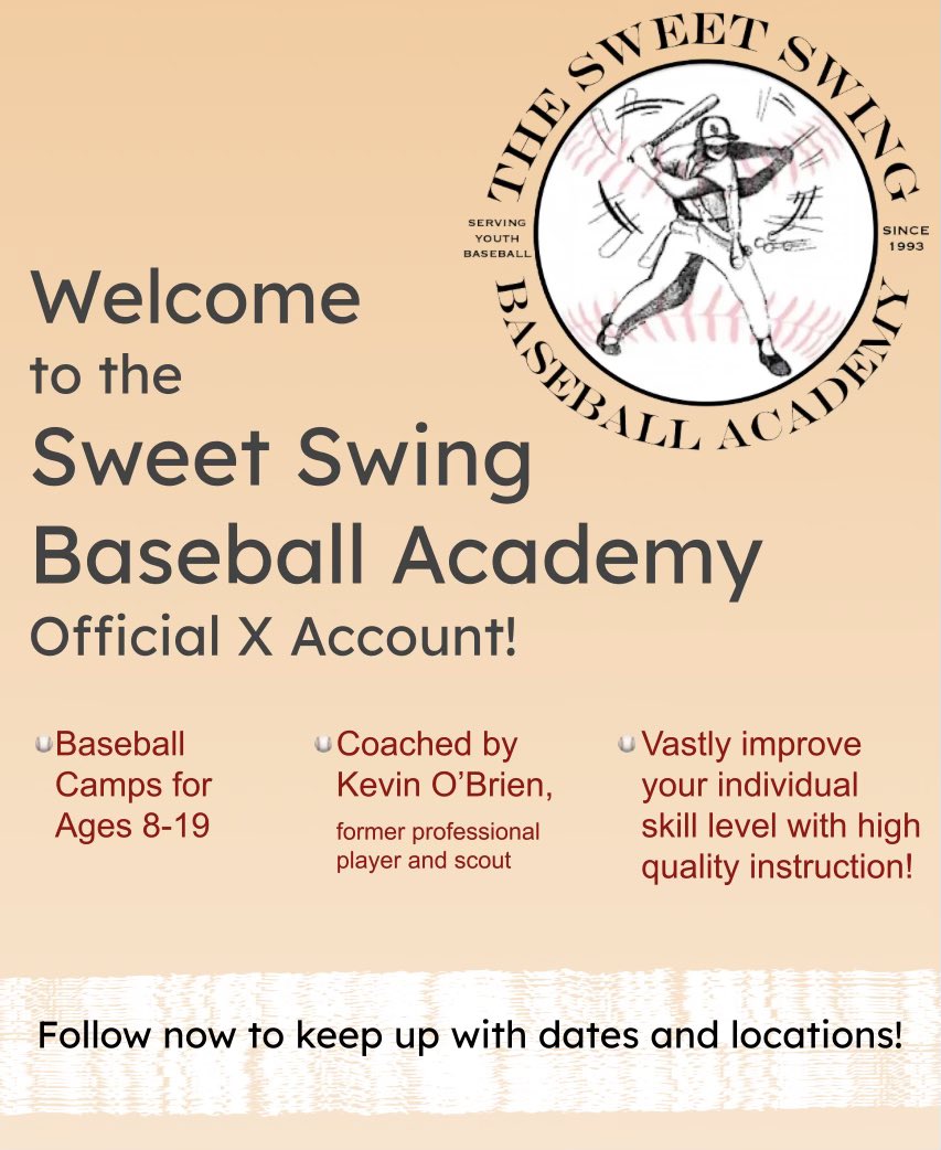 Welcome to Sweet Swing Baseball Academy! 
Here, we provide high quality baseball camps and clinics for ages 8-19. Learn the game the right way with Coach Kevin O'Brien. Build and improve on all your skills by registering now! Follow us to keep up with dates and locations!