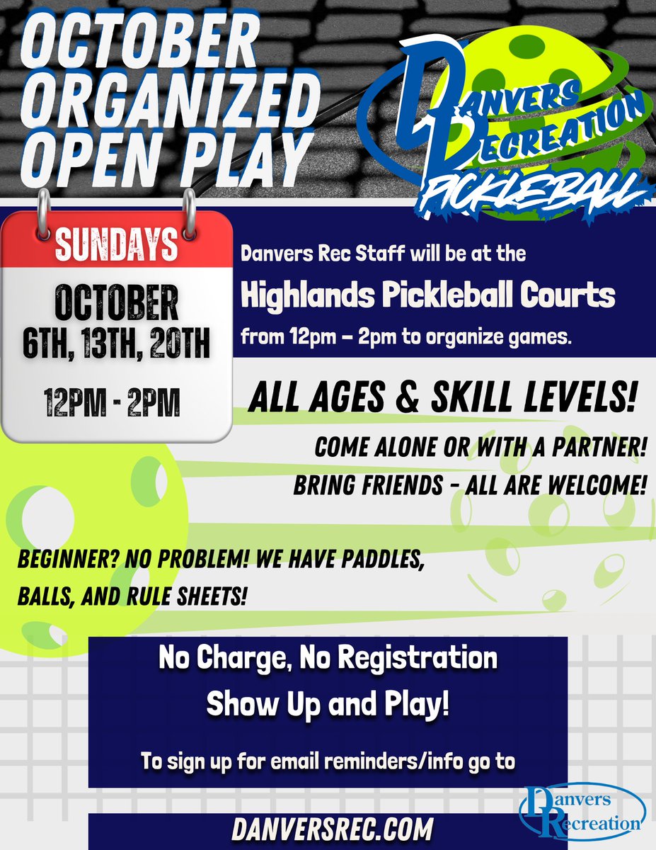 DanversRec's tweet image. Come with a group, partner, or alone and staff will find you a partner!

For ALL skill levels and Ages! Experienced player or beginner, courts will be designated for recreational or competitive play.

Meet the staff at the Picnic table next to the courts!