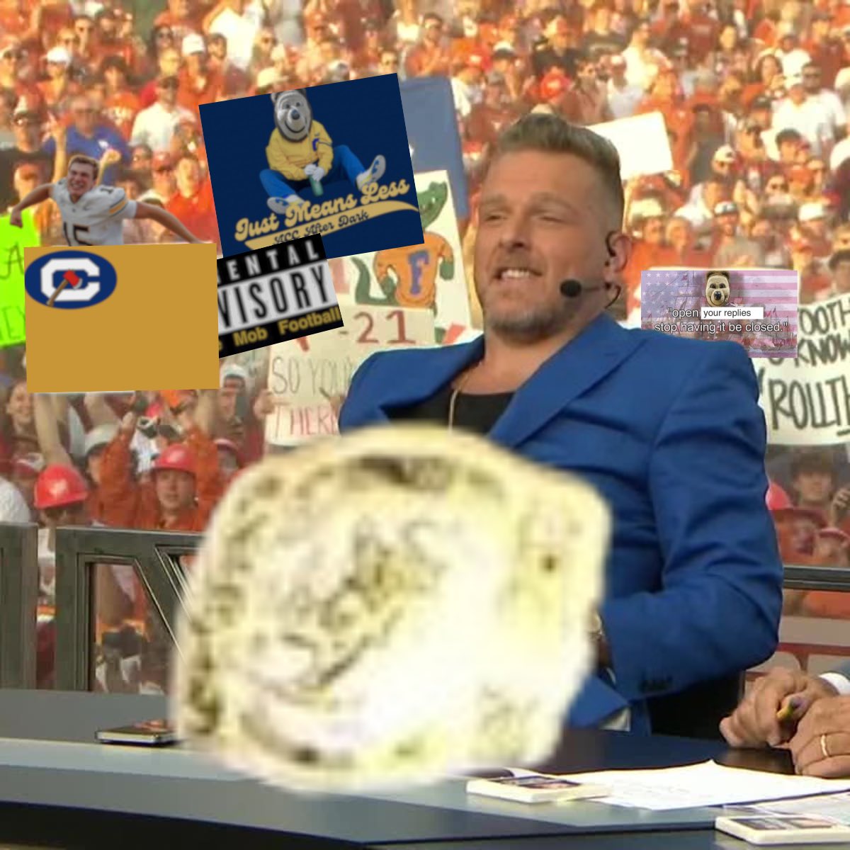 wokemobfootball's tweet photo. Day 5 of photoshopping @PatMcAfeeShow’s belt buckle bigger until @CollegeGameDay comes to Berkeley.
I CAN STOP ANY TIME PAT!
#FightForCalGameday #whynotcal #Calgorithm https://t.co/efrhRKh5Ie