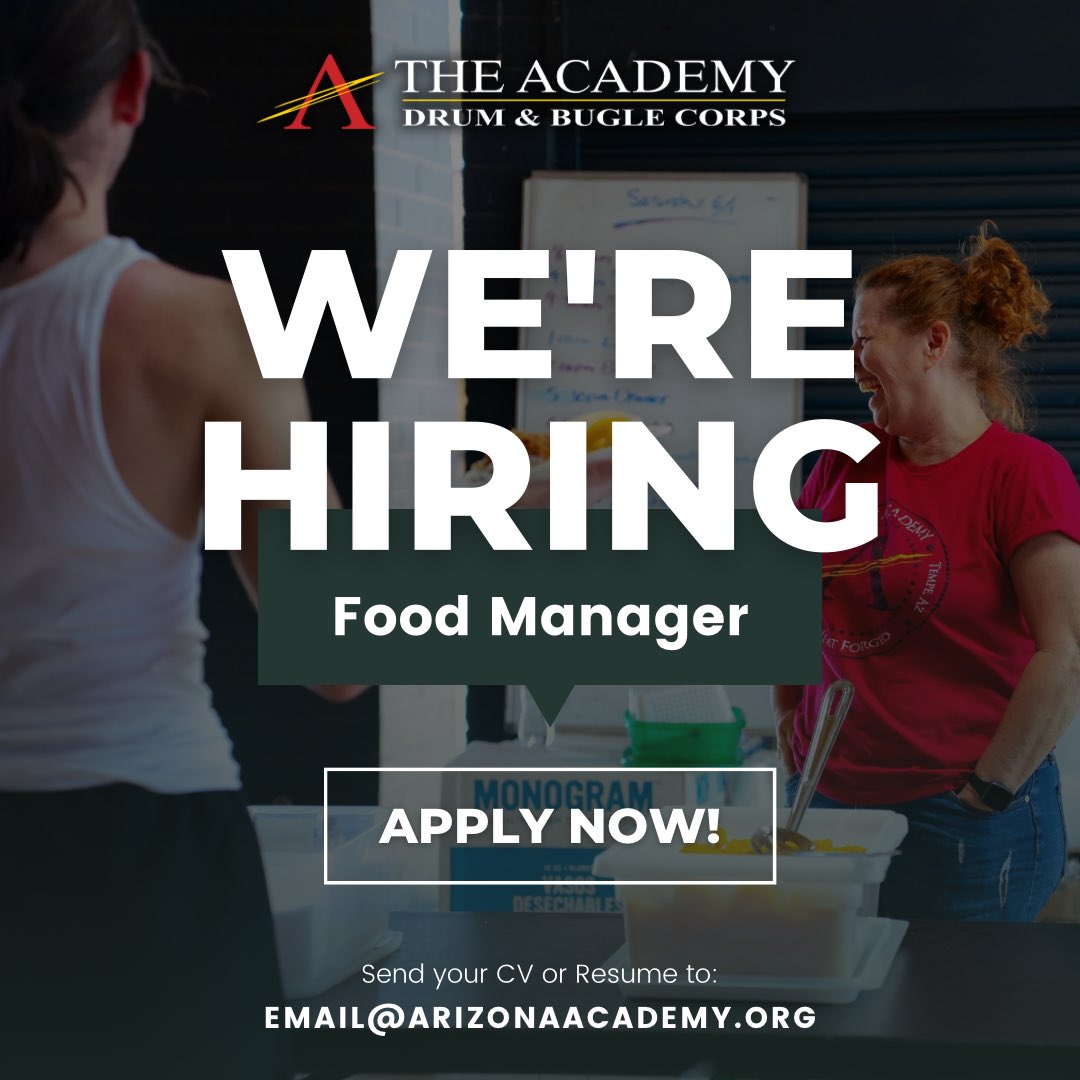 TheAcademyDBC's tweet image. Interested in joining The Academy as a Food Manager this summer? We’re hiring 👩‍🍳

Email your resume or CV to email@arizonaacademy.org and find out more 📧

#theacademydbc #drumcorps #dci25 #foodmanager #hiring