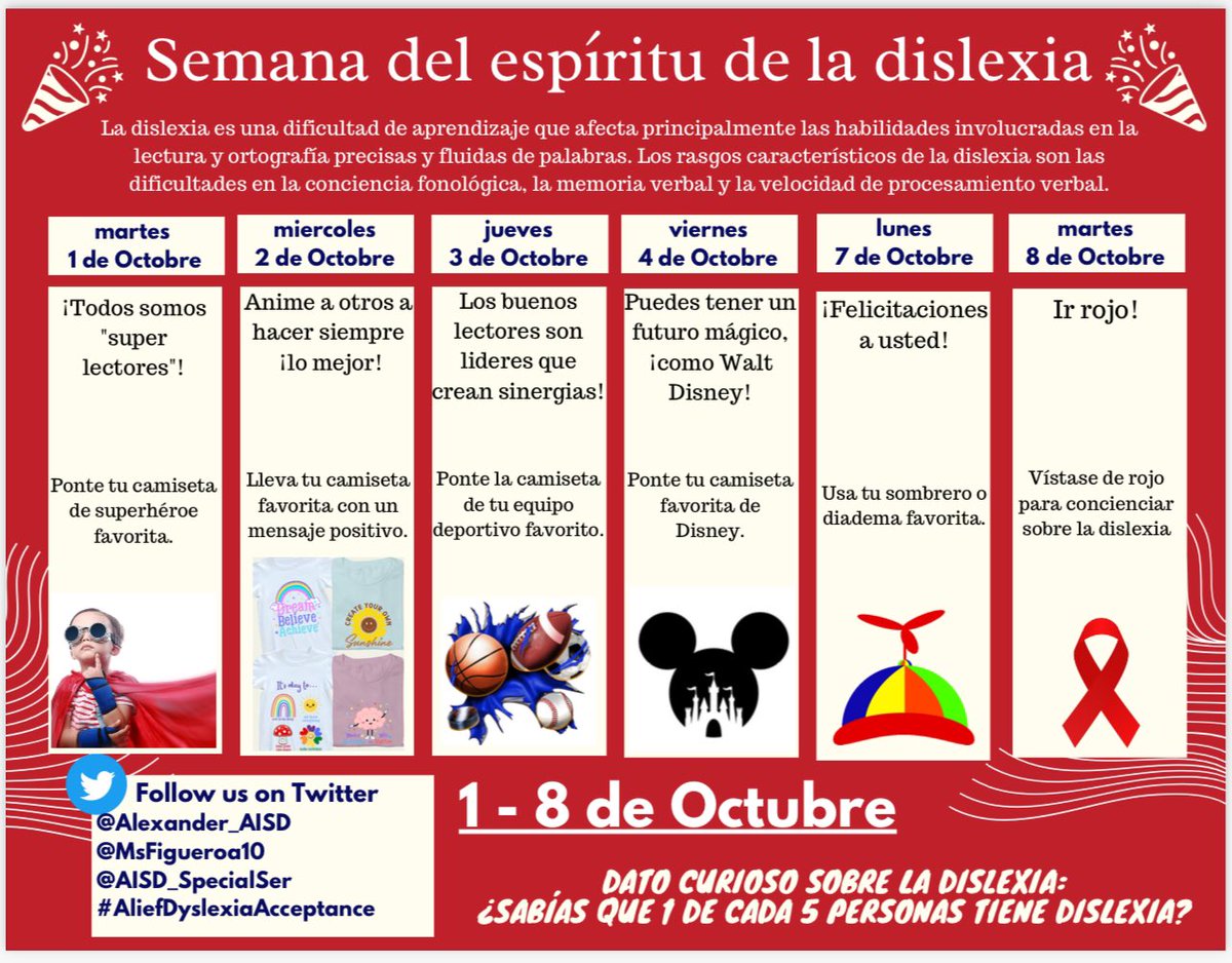 Dyana Figueroa, M. Ed (@msfigueroa10) on Twitter photo October is Dyslexia Awareness Month! Join us as <a href="/Alexander_AISD/">Alexander Elementary</a> leads our fun filled Dyslexia Spirit Week from October 1st-8th!
More great things to come all month long 👀
<a href="/AISD_SpecialSer/">Alief ISD Special Services</a> October is Dyslexia Awareness Month! Join us as <a href="/Alexander_AISD/">Alexander Elementary</a> leads our fun filled Dyslexia Spirit Week from October 1st-8th!
More great things to come all month long 👀
<a href="/AISD_SpecialSer/">Alief ISD Special Services</a>