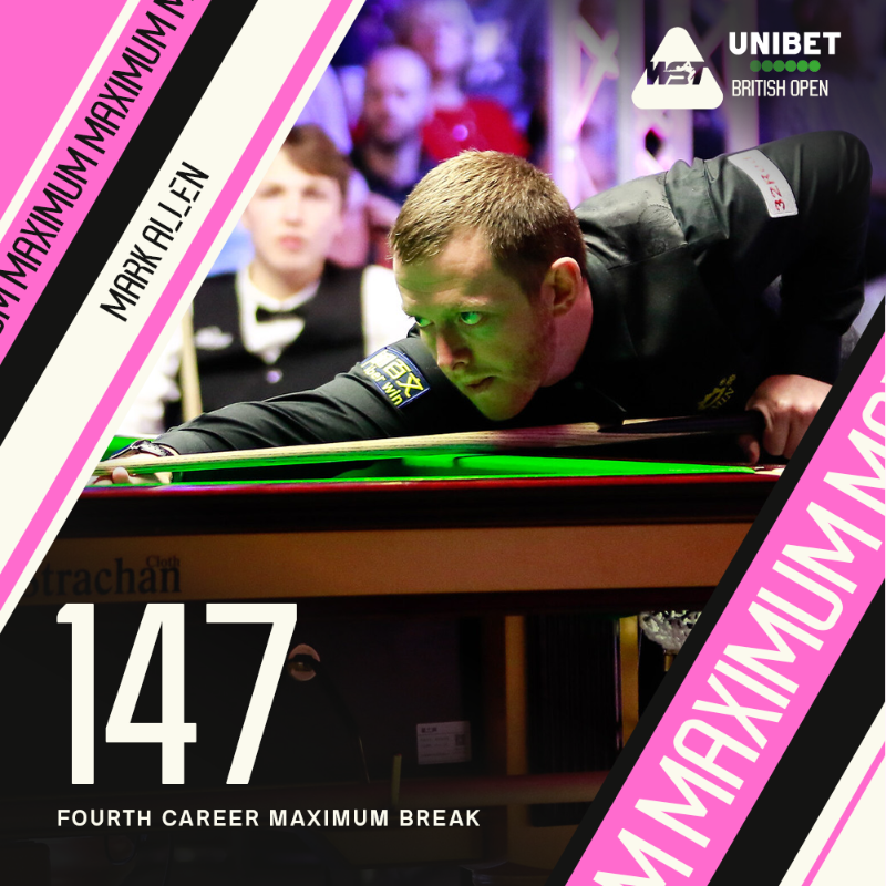 WeAreWST's tweet photo. ALLEN MAKES A MAX!! 🙌

It's a fourth career 147 for Mark Allen in the last 32 of the @Unibet British Open against Ben Mertens - what a moment!

#UnibetBritishOpen  | @Pistol147 | [2-0, L32]
