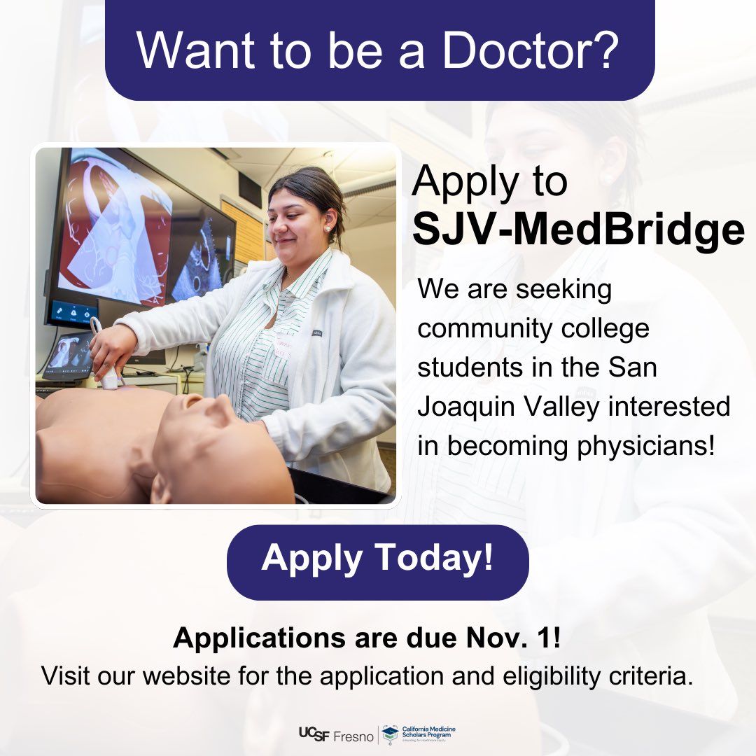 sjvpremed's tweet photo. Want to be a Doctor? Apply to the SJV-MedBridge Program today! There's still time—applications are due Nov. 1!
Curious to learn more? Join us tonight at 5:30 p.m. for an informational webinar where we’ll walk you through the program and application. https://t.co/oekXiono9L