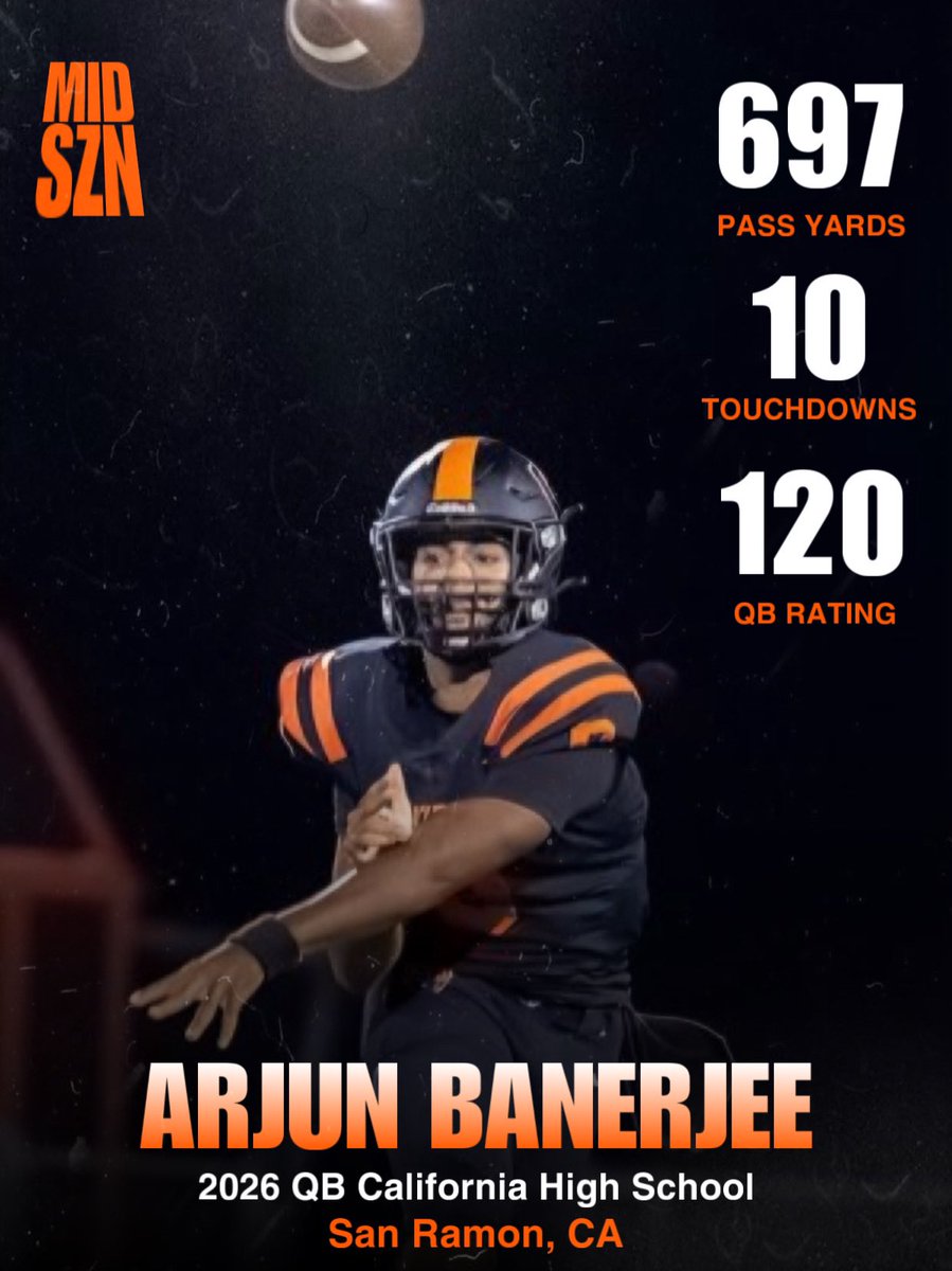 ExpoRecruits's tweet photo. 2026 QB Arjun Banerjee (@ArjunQB1B) has led California High School to an undefeated (4-0) start this season! 🔥
• 700 Passing Yards
• 10 Touchdowns
• 120 QB Rating
#MidSZN #QB1 https://t.co/IykIsTZ1PI