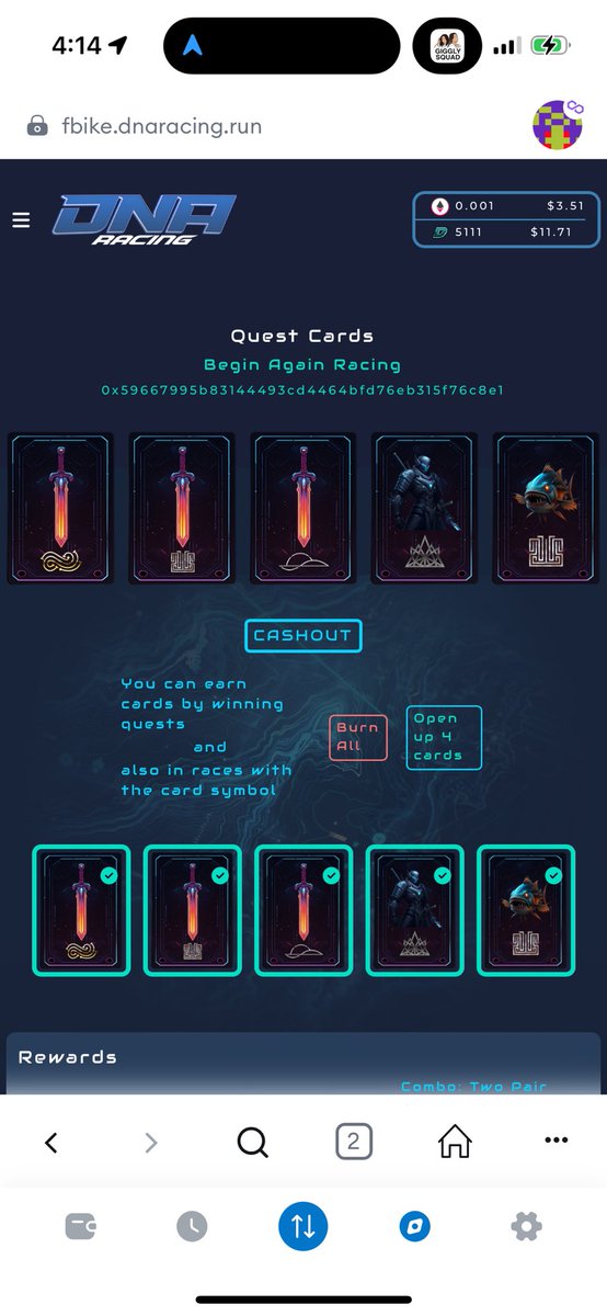 Excited for season three of DNA racing and lucky enough to have a bit of change to build the vault. 3 swords in the poker event resulted in $300m and about $10 in Matic. Cards are awesome!