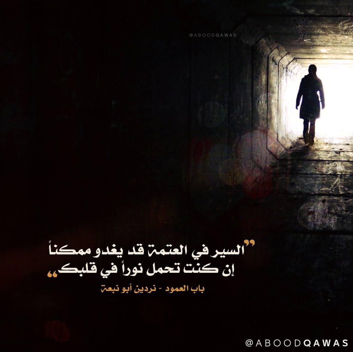 "السير في العتمة قد يغدو ممكناً؛ إن كنت تحمل نوراً في قلبك".
~
#باب_العمود
#نردين_أبو_نبعة