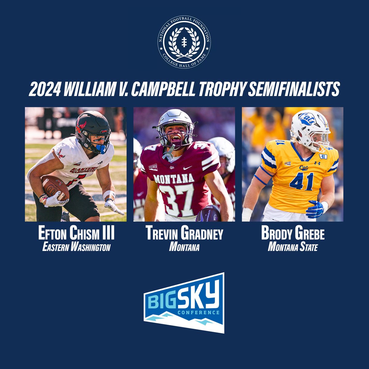 Big Sky Conference (@bigskyconf) on Twitter photo Congrats to the three William V. Campbell Trophy semifinalists from the Big Sky π
<a href="/EftonChism/">Efton Chism III</a>
<a href="/tgradney7/">Trevin Gradney</a>
<a href="/BrodyGrebe/">Brody Grebe</a>
AKA the βAcademic Heismanβ
#ExperienceElevated Congrats to the three William V. Campbell Trophy semifinalists from the Big Sky π
<a href="/EftonChism/">Efton Chism III</a>
<a href="/tgradney7/">Trevin Gradney</a>
<a href="/BrodyGrebe/">Brody Grebe</a>
AKA the βAcademic Heismanβ
#ExperienceElevated