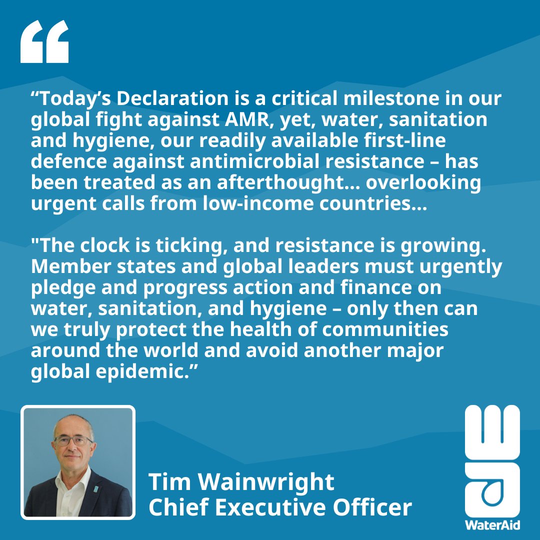 NEW 🚨 Global leaders publish #UNGA 2024 Political Declaration on #AMR 

"While a critical milestone, water, sanitation &amp;  hygiene, our readily available first-line defence against AMR, is treated as an afterthought." says Chief Executive <a href="/WainwrightTim/">Tim Wainwright</a> 

See <a href="/wateraid/">WaterAid</a> response⬇️