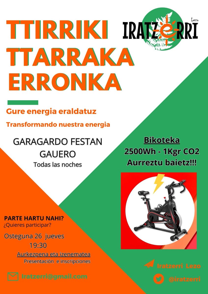 Ekimen dibertigarria Lezoko @Iratzerri Energia Komunitateko lagunek antolatu dutena.
[Ttirriki ttarraka erronka]
Sortu energia garagardo festan! 🚲🥲🍻⚡
#Lezo #OarsoKoop #EnergiaKomunitateak
