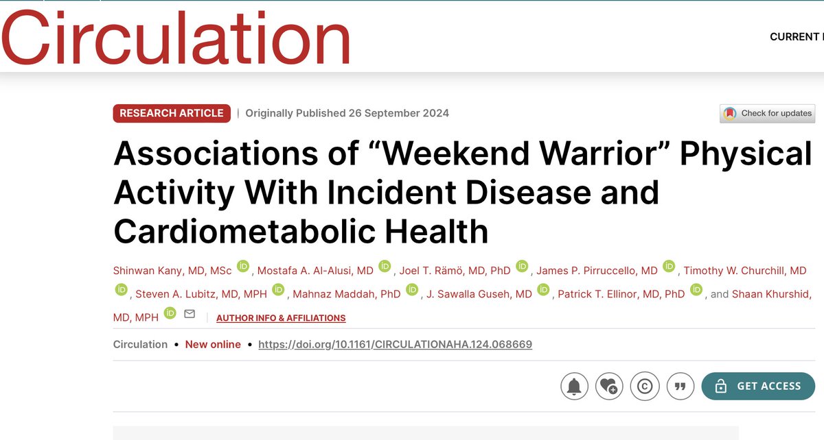 Shino Kany (@shinokany) on Twitter photo Exercise is beneficial for health. But many people have to cram their activity into 1-2 days/week. Do they still get the benefit?
To find out, we looked at associations of "weekend warrior” (WW) physical activity) and >600 diseases, now <a href="/CircAHA/">Circulation</a> !
A 🧵
ahajournals.org/doi/10.1161/CI… Exercise is beneficial for health. But many people have to cram their activity into 1-2 days/week. Do they still get the benefit?
To find out, we looked at associations of "weekend warrior” (WW) physical activity) and >600 diseases, now <a href="/CircAHA/">Circulation</a> !
A 🧵
ahajournals.org/doi/10.1161/CI…