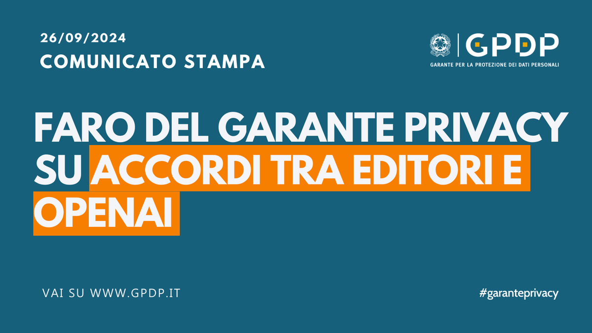 GPDP_IT's tweet photo. Il #GarantePrivacy segue con attenzione gli accordi che, secondo notizie stampa, RCS MediaGroup e GEDI Gruppo Editoriale avrebbero siglato con #OpenAI, azienda che realizza #ChatGPT, e si riserva di valutare l’adozione di più specifiche iniziative https://t.co/nKvs377n2n https://t.co/OPj1qwtTWn