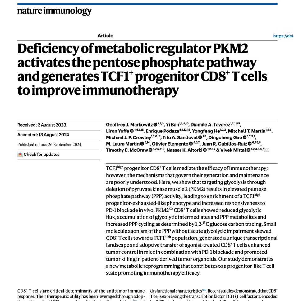 Vivek Mittal (@mittallab) on Twitter photo Sharing our paper on identification of pentose phosphate pathway as key metabolic regulator of CD8 T cell reprogramming. shorturl.at/jdajh
News shorturl.at/JOsqM
<a href="/WCM_MeyerCancer/">Weill Cornell Medicine Meyer Cancer Center</a> <a href="/Cornell/">Cornell University</a> <a href="/WeillCornell/">Weill Cornell Medicine</a> <a href="/lcrf_org/">Lung Cancer Research Foundation</a> Sharing our paper on identification of pentose phosphate pathway as key metabolic regulator of CD8 T cell reprogramming. shorturl.at/jdajh
News shorturl.at/JOsqM
<a href="/WCM_MeyerCancer/">Weill Cornell Medicine Meyer Cancer Center</a> <a href="/Cornell/">Cornell University</a> <a href="/WeillCornell/">Weill Cornell Medicine</a> <a href="/lcrf_org/">Lung Cancer Research Foundation</a>