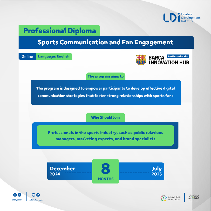LDI_SAUDI's tweet photo. Striving to lead innovation and excellence in the sports industry ⚡️

#LDI is offering 4️⃣ diverse programs with sports experts and professionals 🗣️

Registration is now open through the link 🔗