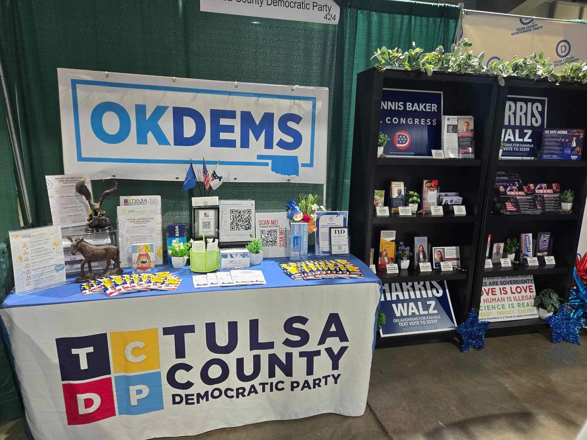TulsaDemocrats's tweet photo. It’s the first day of the Tulsa State Fair! Come stop by our booth! We will have a life size cutout of Kamala Harris to take photos with, a friendship bracelet station, free stickers and constitution books (while supplies last), info/signs for our local candidates, and more! https://t.co/bxp7XoNKCt