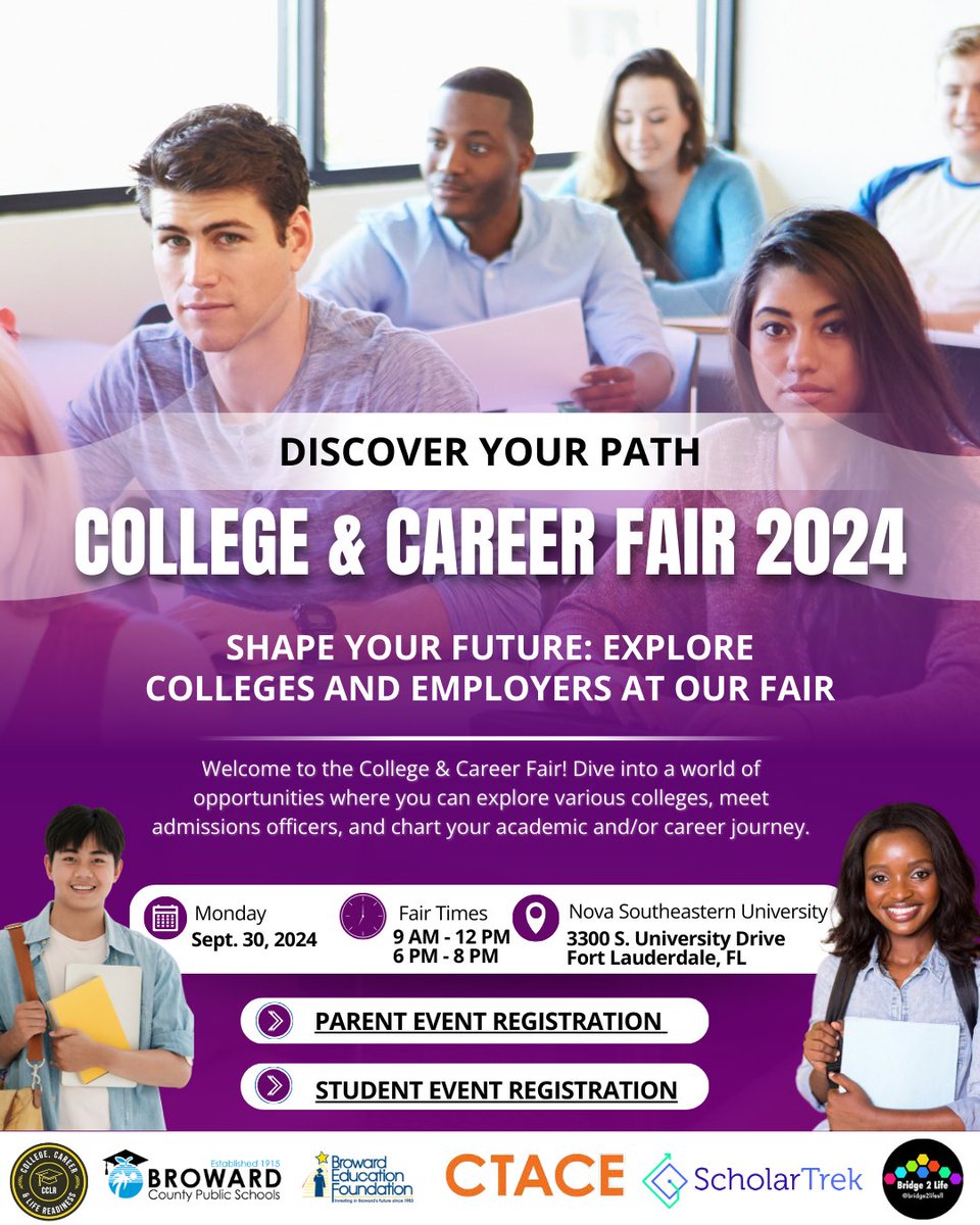 Reminder: College &amp; Career Fair 2024 on Monday, September 30th, at Nova Southeastern University. This event is an excellent opportunity for students to explore colleges, meet admissions officers, and connect with other resources scholartrek.com/broward