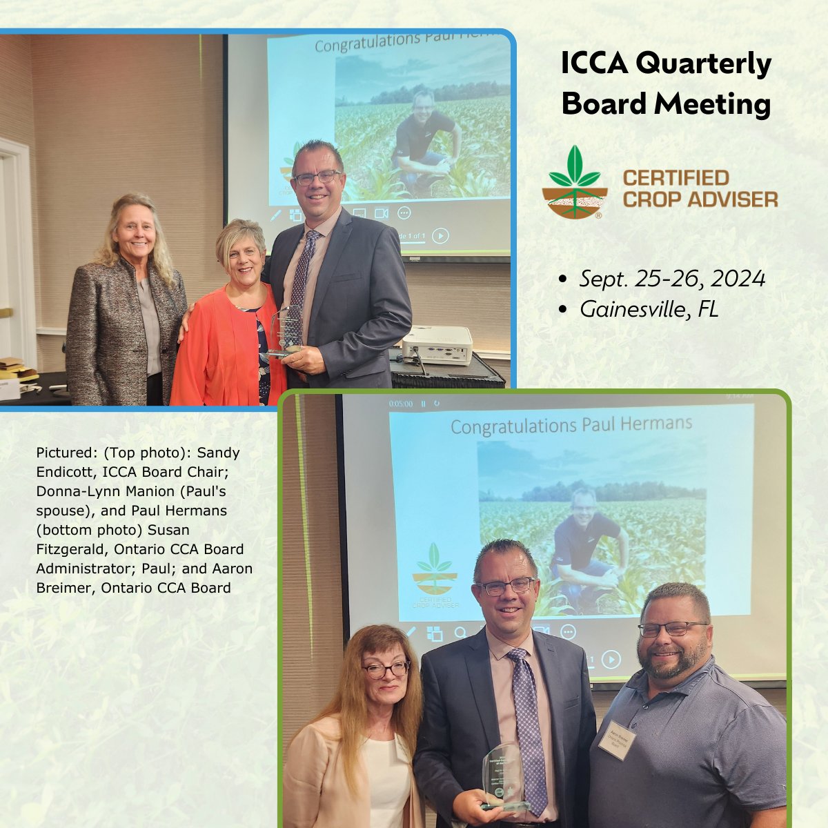 Certified Crop Adviser (@ccasoundadvice) on Twitter photo The ICCA Board Meeting celebrated the 2024 International Certified Crop Adviser of the Year Award, Paul Hermans <a href="/phhermans/">The Hermanator! (Paul Hermans)</a> from Ontario, Canada. #ICCAAward #CertifiedCropAdviser #ICCA #BoardMeeting #PaulHermans The ICCA Board Meeting celebrated the 2024 International Certified Crop Adviser of the Year Award, Paul Hermans <a href="/phhermans/">The Hermanator! (Paul Hermans)</a> from Ontario, Canada. #ICCAAward #CertifiedCropAdviser #ICCA #BoardMeeting #PaulHermans