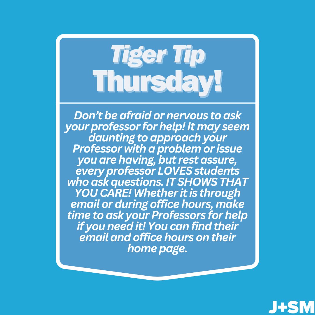 Good morning Tiger Family! With midterms approaching, stay on top of your grades by reaching out to your professors! 
P.S. They love it! #memphisjrsm