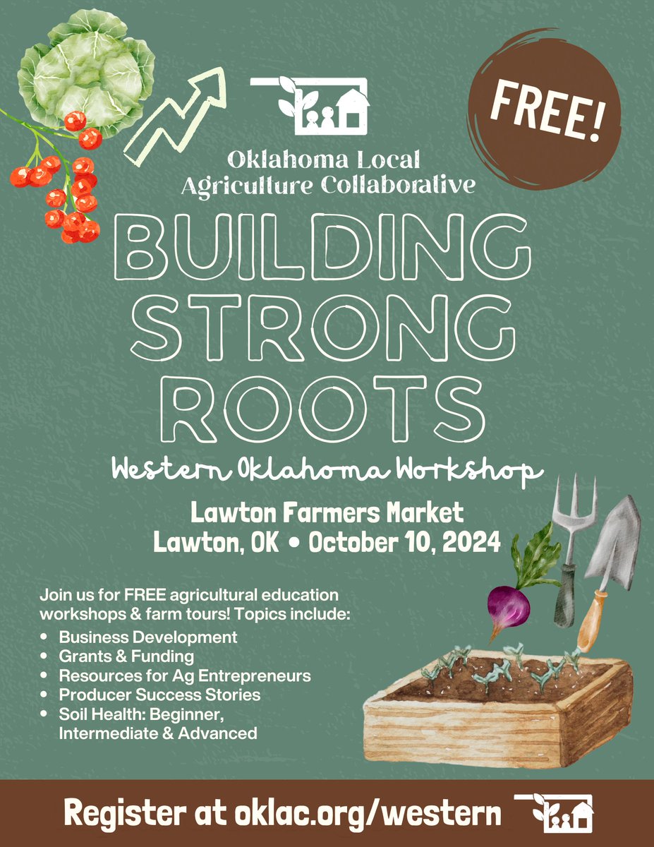 NRCS_Oklahoma's tweet photo. OLAC's Western Workshop is a FREE EVENT for producers and ag leaders to gain resources and network! Join us on Oct.10 at the Lawton Farmers Market for the workshop and/or on Oct.9 for the local farm tour. Register here: https://t.co/c46owsY0kK https://t.co/ioU7jxq10s