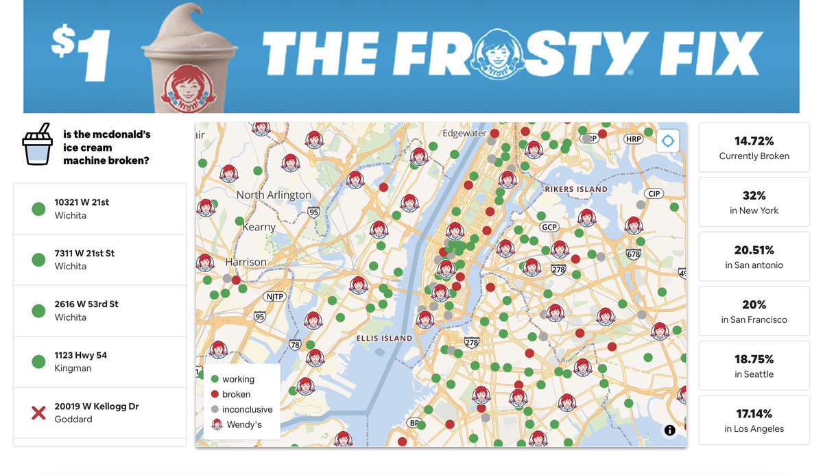 MorningBrew's tweet photo. Wendy's teamed up with McBroken—the website that tracks broken McFlurry machines—to push its $1 Frosty deal

The site currently shows every Wendy's location in the event your nearest McDonald's can't serve up ice cream

Brilliant play honestly https://t.co/5xO8CkUunD