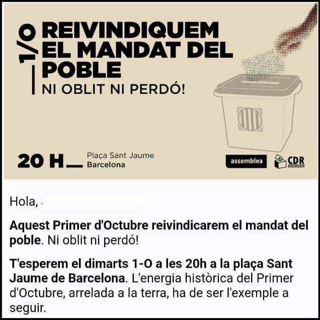 DS matí ens veiem al Centre Calisay d'Arenys de Mar dintre de la jornada de <a href="/Som1O_/">Som_1O</a> 
👉 I l'1 d'octubre us esperem per reivindicar amb tota l'energia el que alguns voldrien relegar: el valor, la vigència i el mandat de l'1-O.
Comunicat i acte conjunt amb ANC
Pça. Sant Jaume 20h