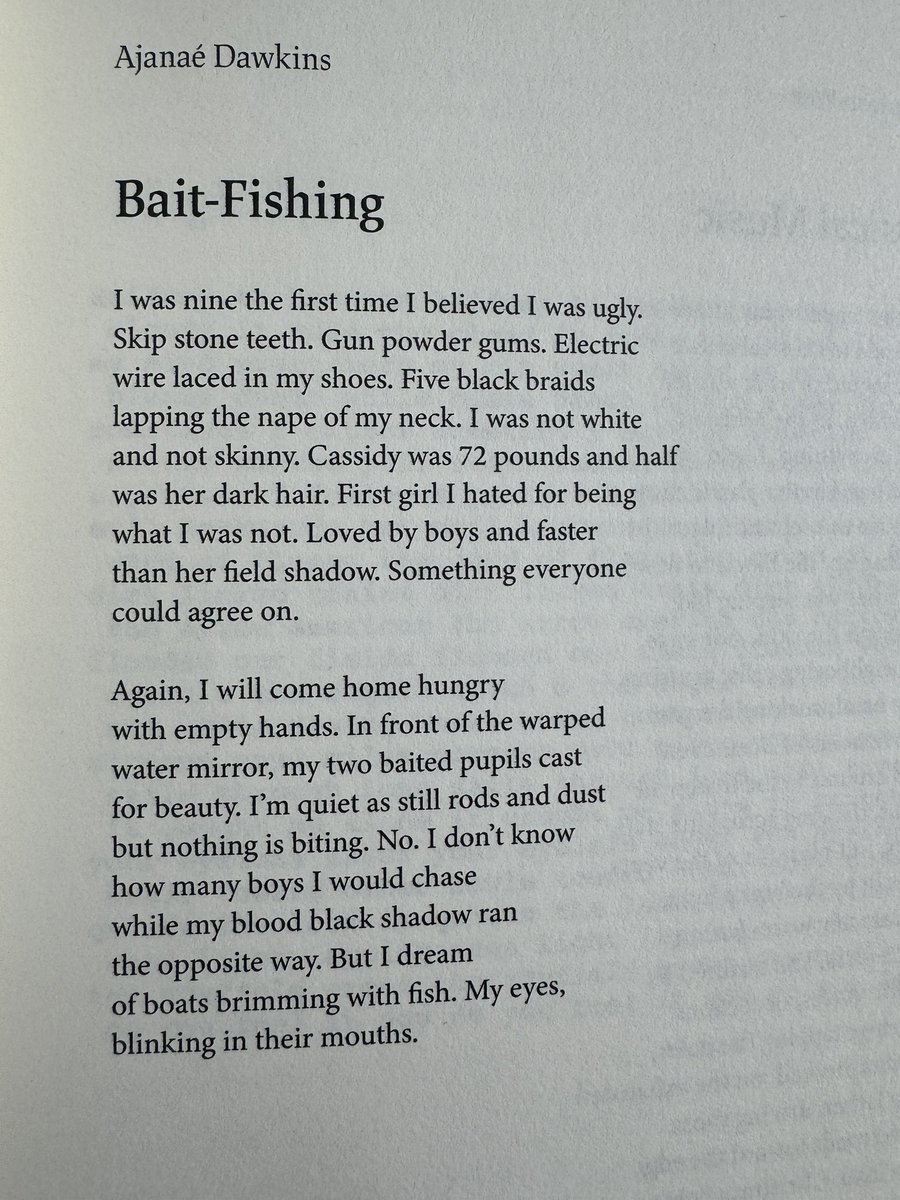 Ajanaé Dawkins (@moonsatdusk) on Twitter photo Late post. My poem “Bait-Fishing” was published in the <a href="/IndianaReview/">Indiana Review</a> . Feels cliche sometimes, this part of my story. A Black girl grows up in the suburbs and has to unlearn what she’s taught about Blackness and beauty. Grateful for this space to meditate and reclaim. Late post. My poem “Bait-Fishing” was published in the <a href="/IndianaReview/">Indiana Review</a> . Feels cliche sometimes, this part of my story. A Black girl grows up in the suburbs and has to unlearn what she’s taught about Blackness and beauty. Grateful for this space to meditate and reclaim.
