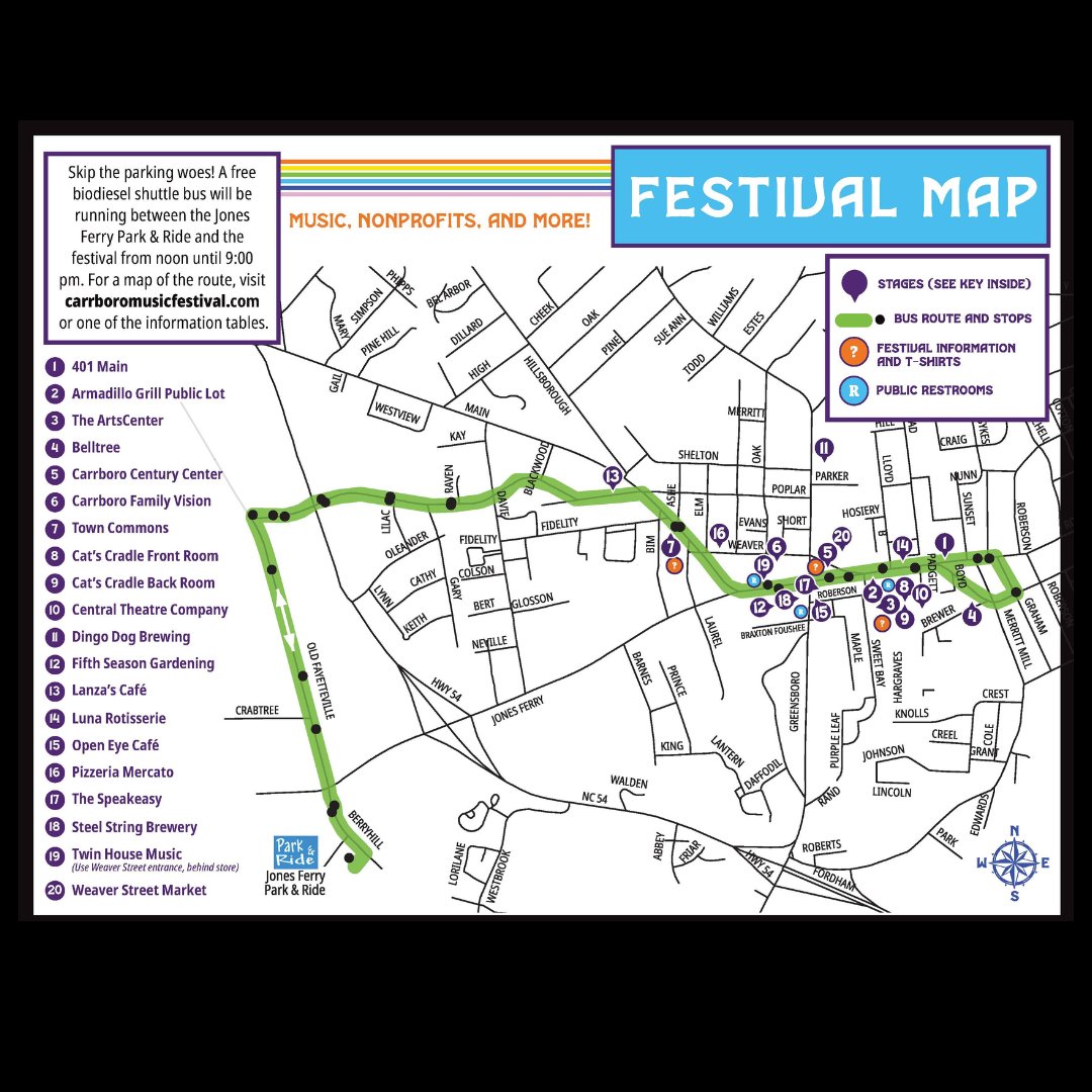 CARRBORO MUSIC FESTIVAL 2024

🎵Starts at 1PM SUNDAY, September 29
🎸FREE live music all day ALL OVER TOWN
📋Workshops start at 10:30 AM 
🎤 OPEN MIC NIGHT on Saturday at Town Commons
🚏FREE BUS SHUTTLE 
📲Download the APP 

🎹 ecs.page.link/g3ngZ