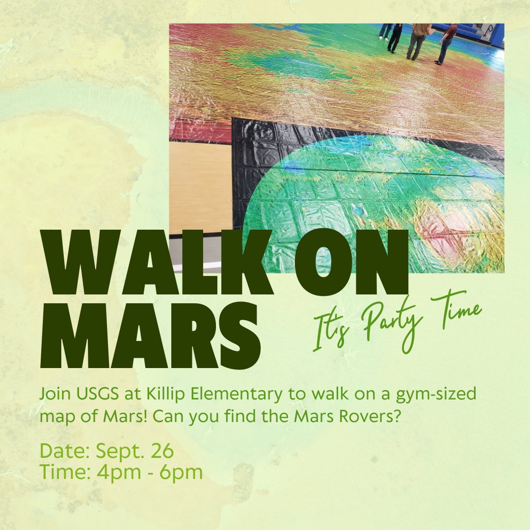 USGS_AstroGeo's tweet photo. Have you ever walked on Mars? Now's your chance! USGS is partnering with @SESEASU to bring this gym-sized topographic map of #Mars to Killip Elementary! From 4-6 pm on Sep. 26 you can explore the Red Planet! Can you find the Rovers?
#STEM #Rovers #WalkOnMars #FFOS #FlgSciFest https://t.co/QmzpK2ImNS