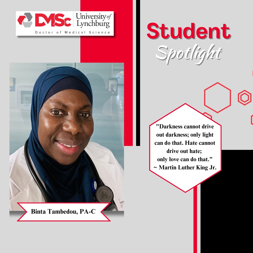 DMSc_Lynchburg's tweet photo. The University of Lynchburg’s School of Medicine &amp; Health Sciences welcomes PA Binta Tambedou to the DMSc program. PA Tambedou has practiced medicine as a PA for 12 yrs and also serves as an instructor of medicine at the Mayo Clinic College of Medicine &amp; Science in Fairmont, MN. https://t.co/jWw3dMZ8q4